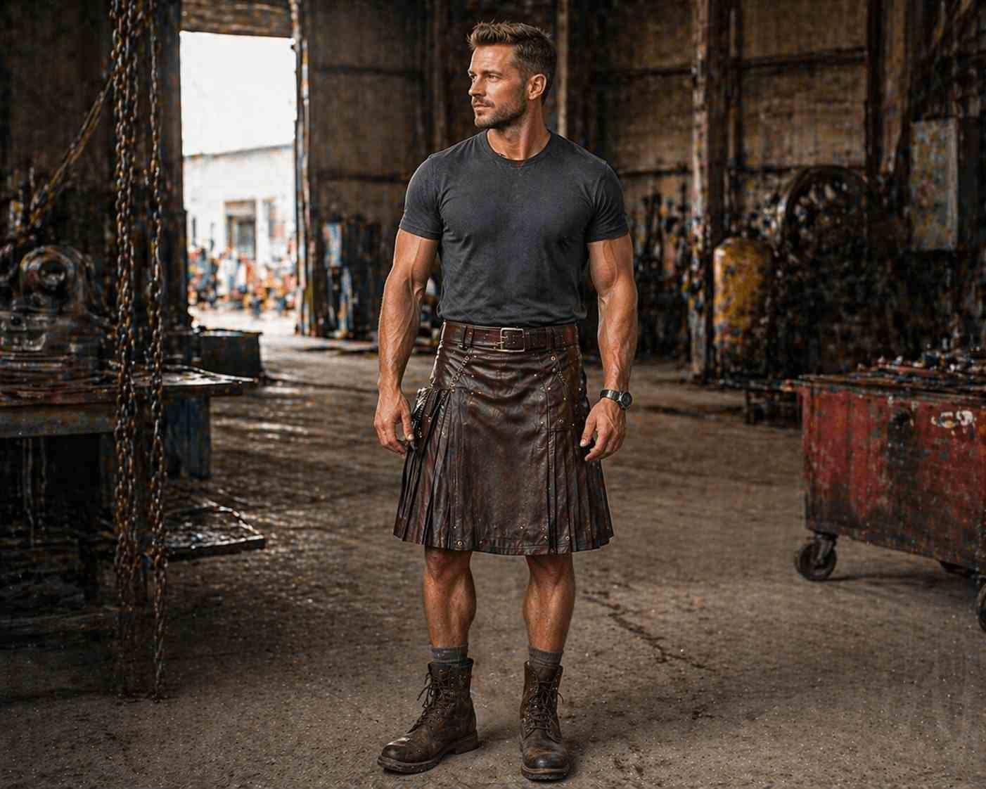 Leather Kilt with Work Boots & Tee (Industrial Style)
