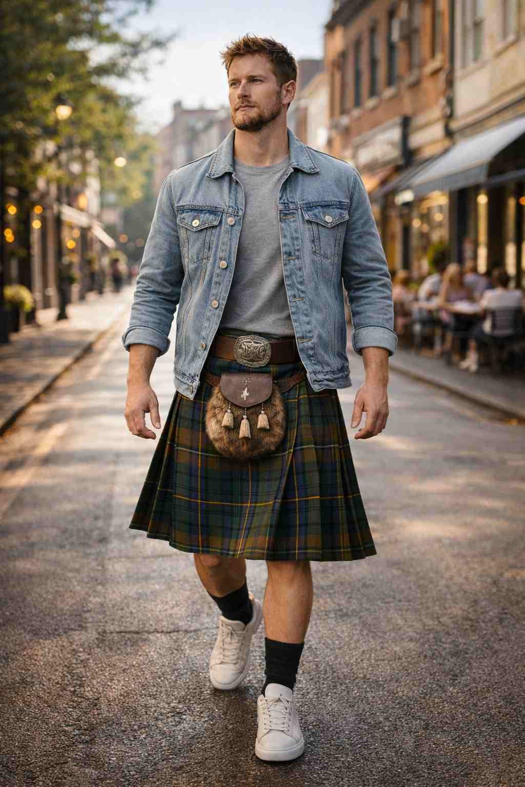 Tartan Kilt with Denim Jacket (Casual Cool)