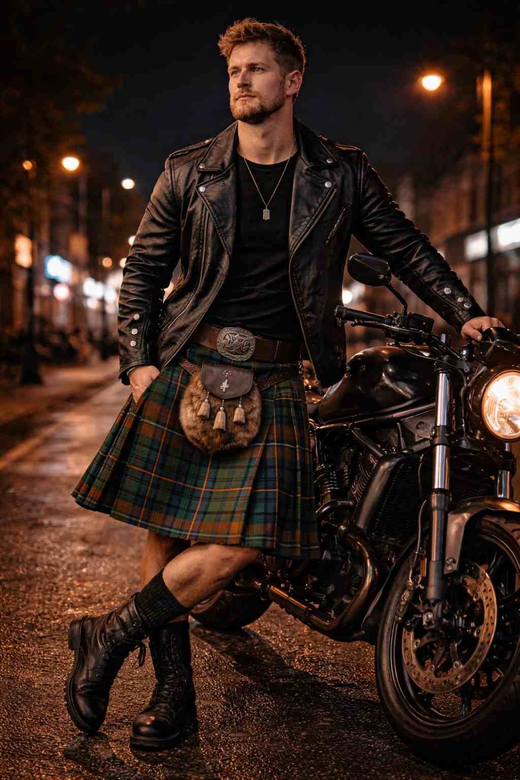 Tartan Kilt with Leather Jacket (Rockstar Vibe)