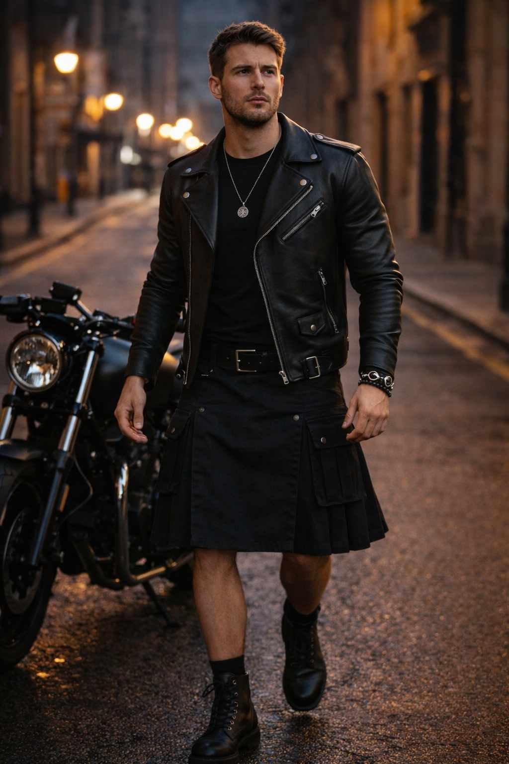 Utility Kilt with Leather Jacket (Rockstar Vibe)