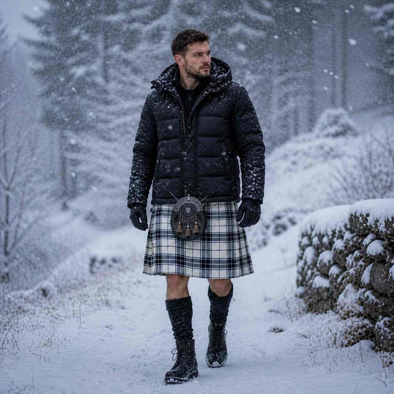 Tartan Kilt with Down Jacket