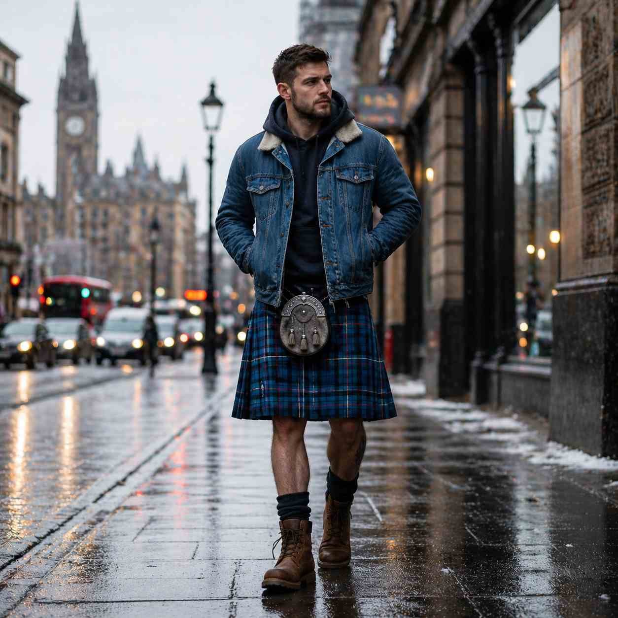 Tartan Kilt with Hoodie + Denim Jackets