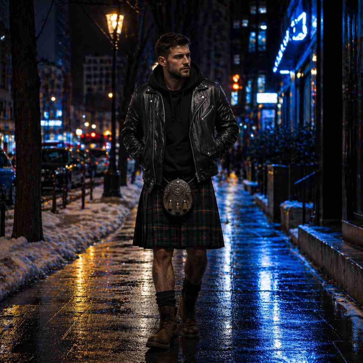 Tartan Kilt with Leather Jacket