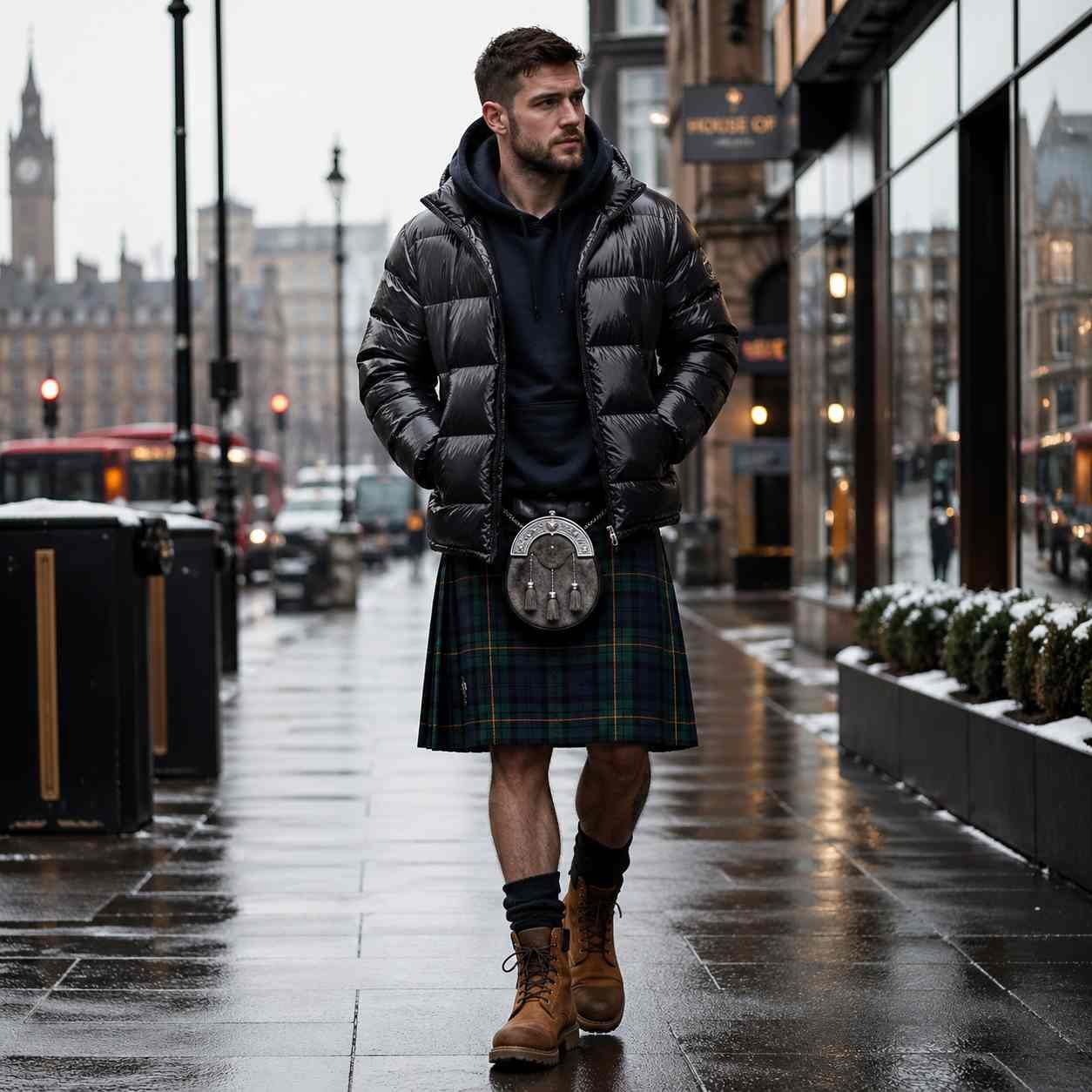 Tartan Kilt with Puffer Jacket