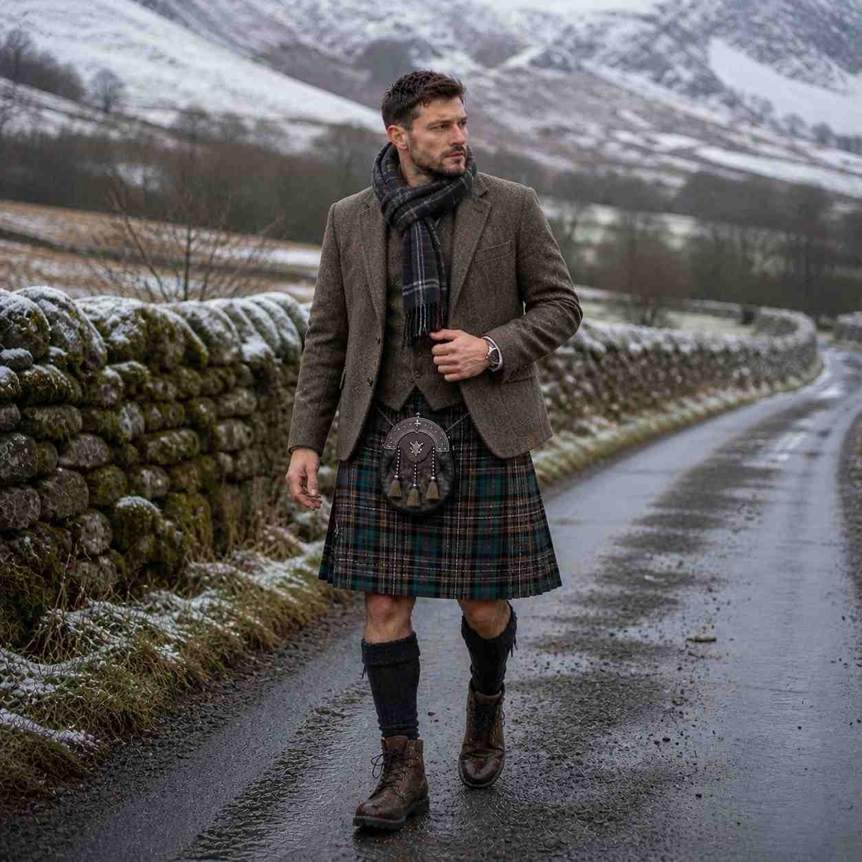 Tartan Kilt with Tweed + Scarf Layer